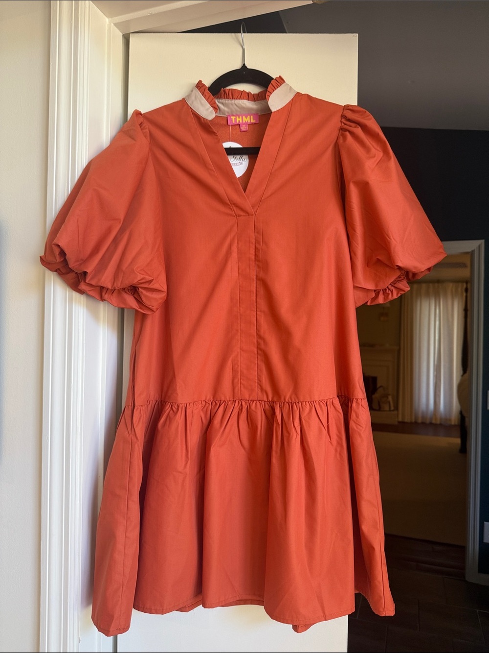 THML Rust Orange Tiered Puff Sleeve Dress